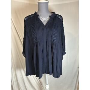 Sundance Blouse Womens M Navy Crochet Lace Boho Oversized Tunic Lagenlook Button